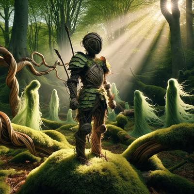 The primary subject of the image is a person dressed in a suit of armor, standing in a forest with trees and plants surrounding them. The setting is a lush green forest, and the visual style appears to be a combination of photo and digital art. The colors and mood of the image are predominantly green, with a sense of serenity and tranquility.